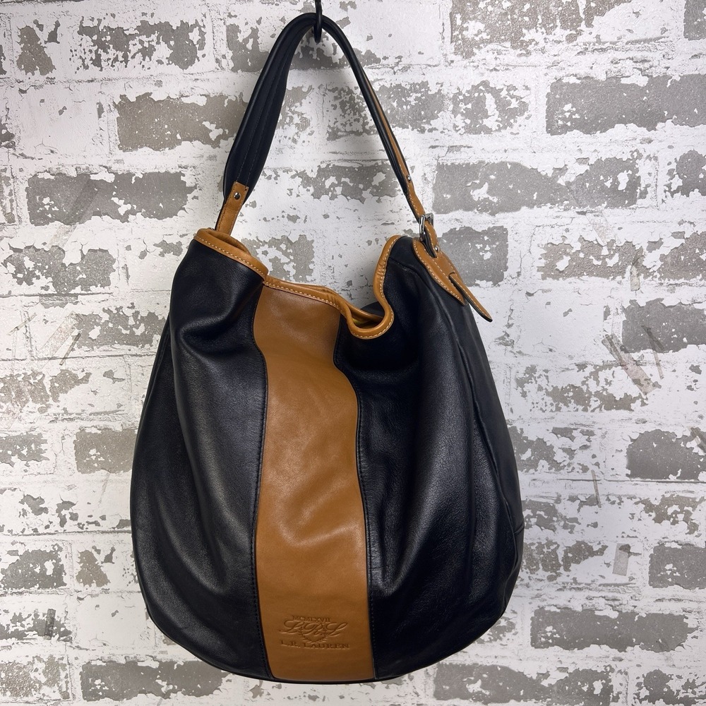 Lauren Ralph Lauren Soft Leather Slouch Hobo Bag Black & Cognac Racing Stripe
